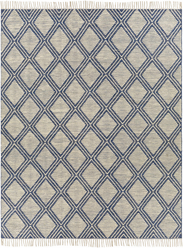 Blue Hand Woven 70% Cotton, 30% Wool Global Rectangle Handmade rug, Indoor use only, has fringe, non-washable.