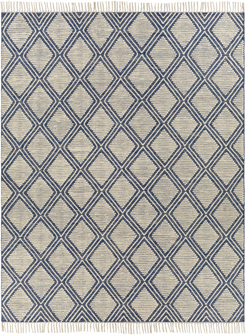 Blue Hand Woven 70% Cotton, 30% Wool Global Rectangle Handmade rug, Indoor use only, has fringe, non-washable.