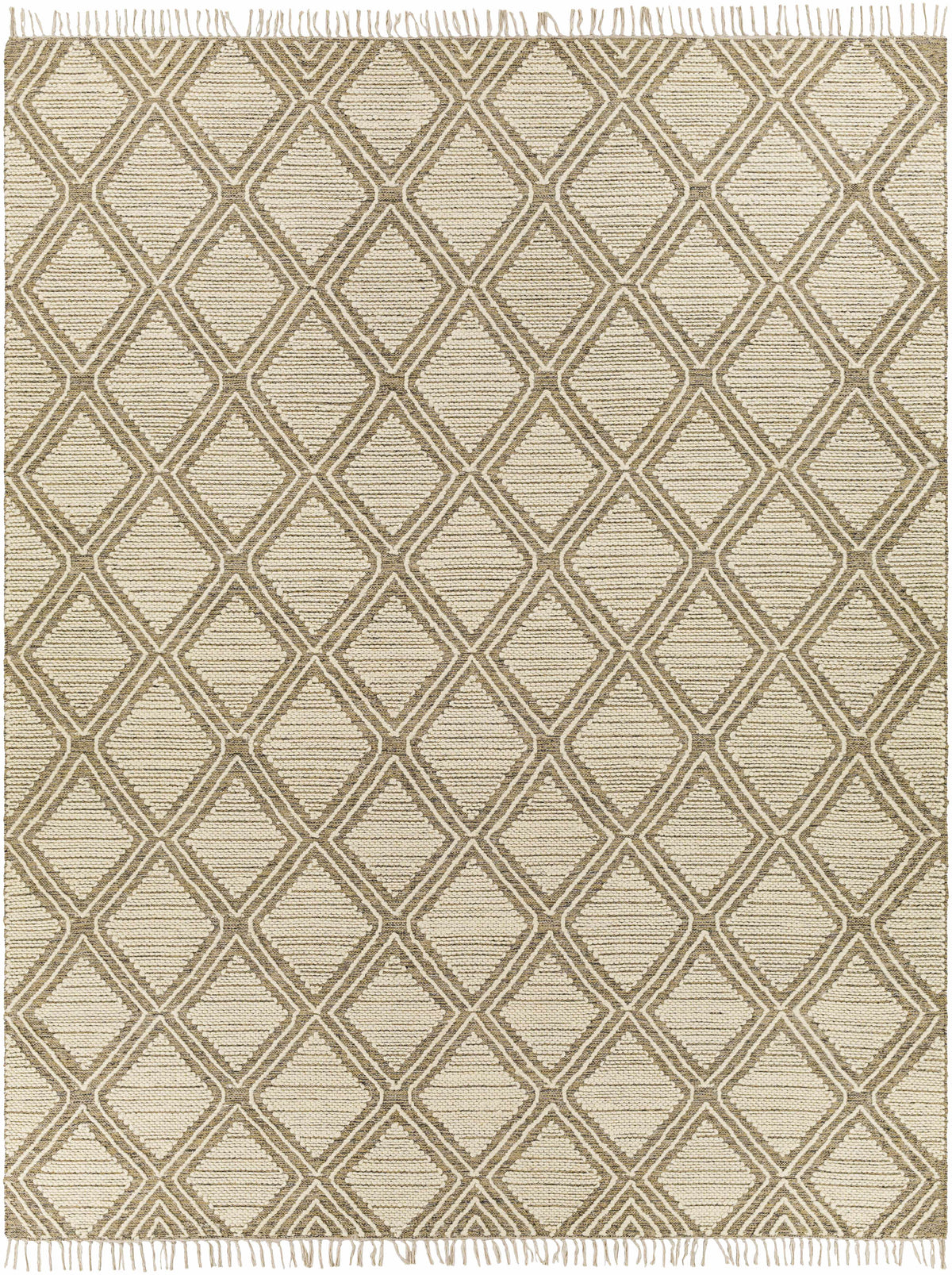 Taupe Hand Woven 70% Cotton, 30% Wool Global Rectangle Handmade rug, Indoor use only, has fringe, non-washable.