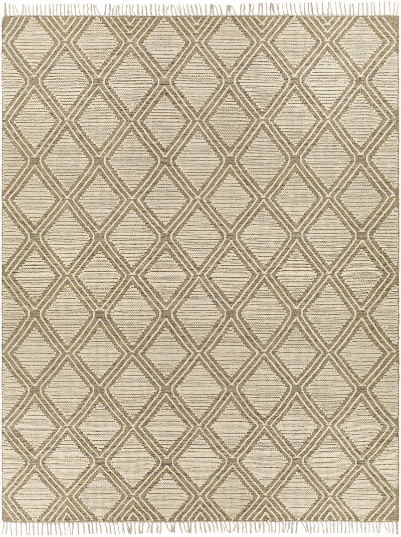Taupe Hand Woven 70% Cotton, 30% Wool Global Rectangle Handmade rug, Indoor use only, has fringe, non-washable.