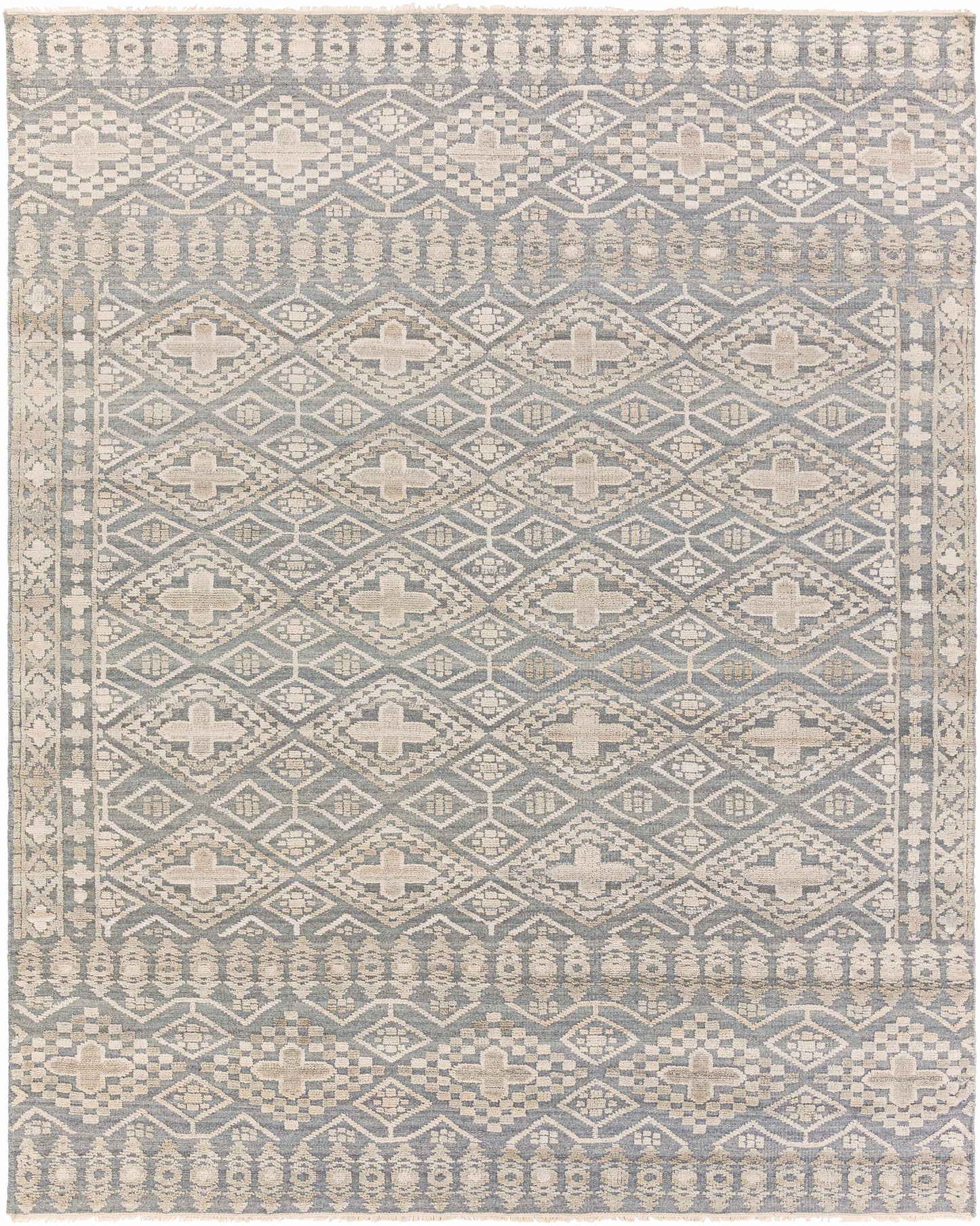 Gray Hand Knotted 65% Wool, 35% Viscose Traditional Rectangle Handmade rug, Indoor use only, has fringe, non-washable.