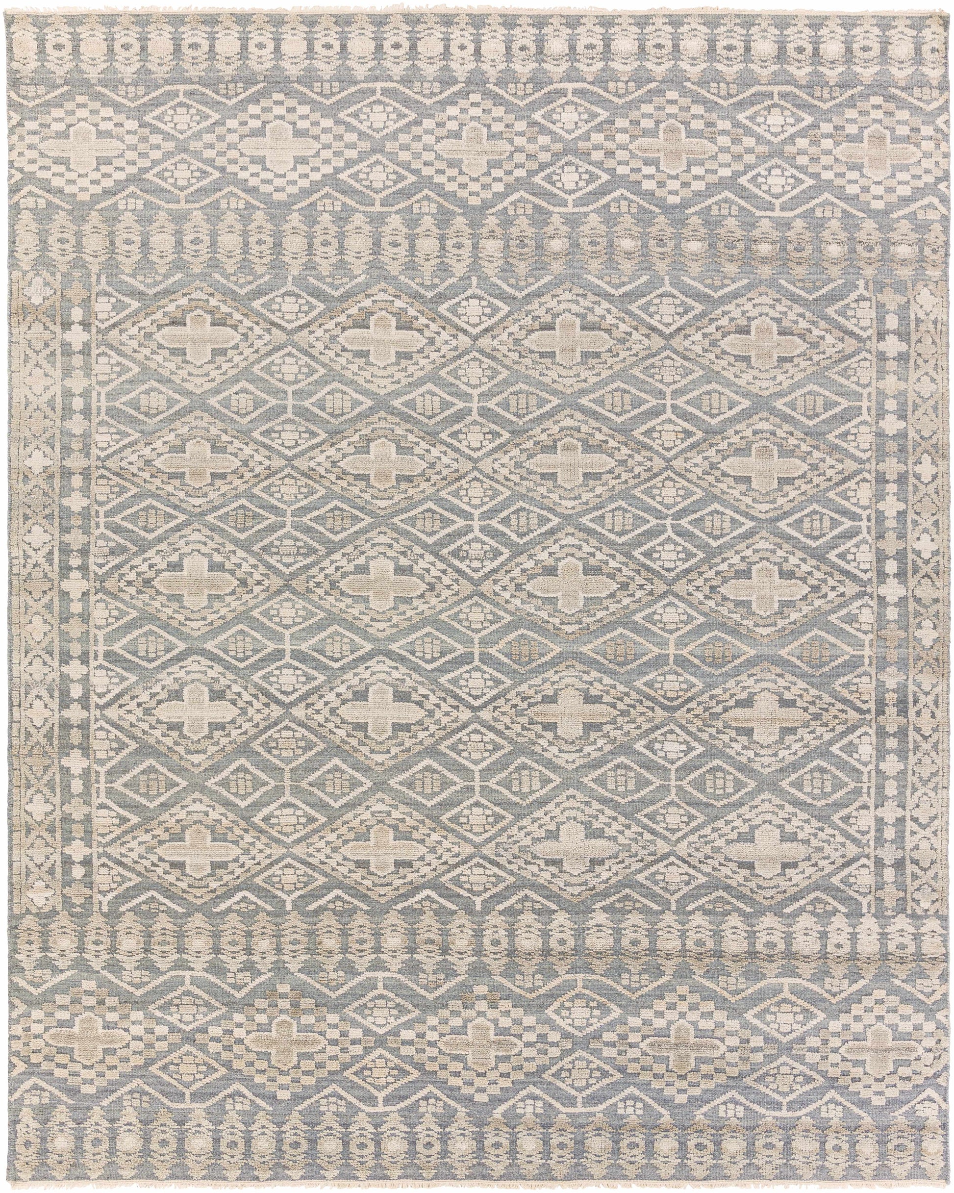 Gray Hand Knotted 65% Wool, 35% Viscose Traditional Rectangle Handmade rug, Indoor use only, has fringe, non-washable.