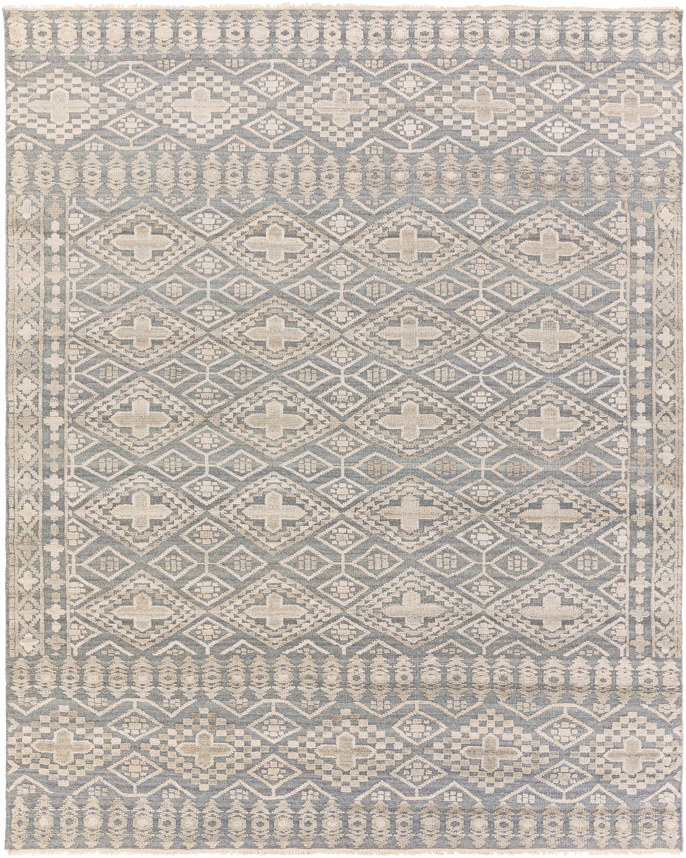 Gray Hand Knotted 65% Wool, 35% Viscose Traditional Rectangle Handmade rug, Indoor use only, has fringe, non-washable.