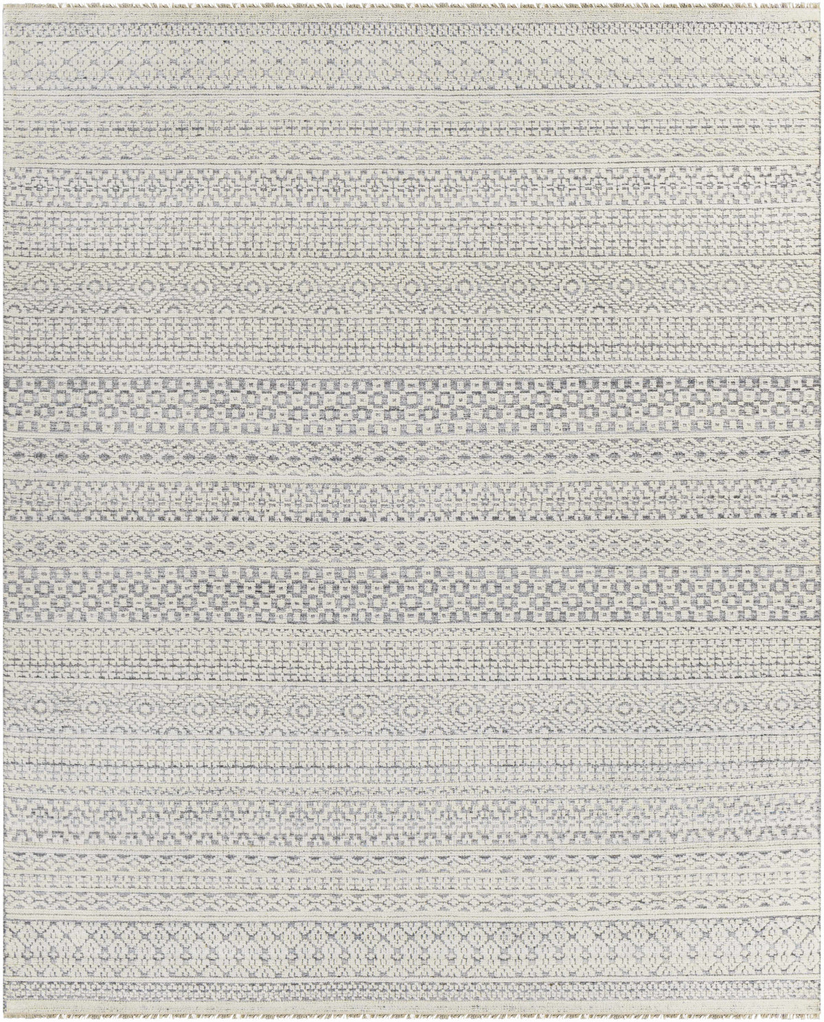 Light Gray Hand Knotted 20% Polyester, 20% Viscose, 60% Wool Global Rectangle Handmade rug, Indoor use only, has fringe, non-washable.