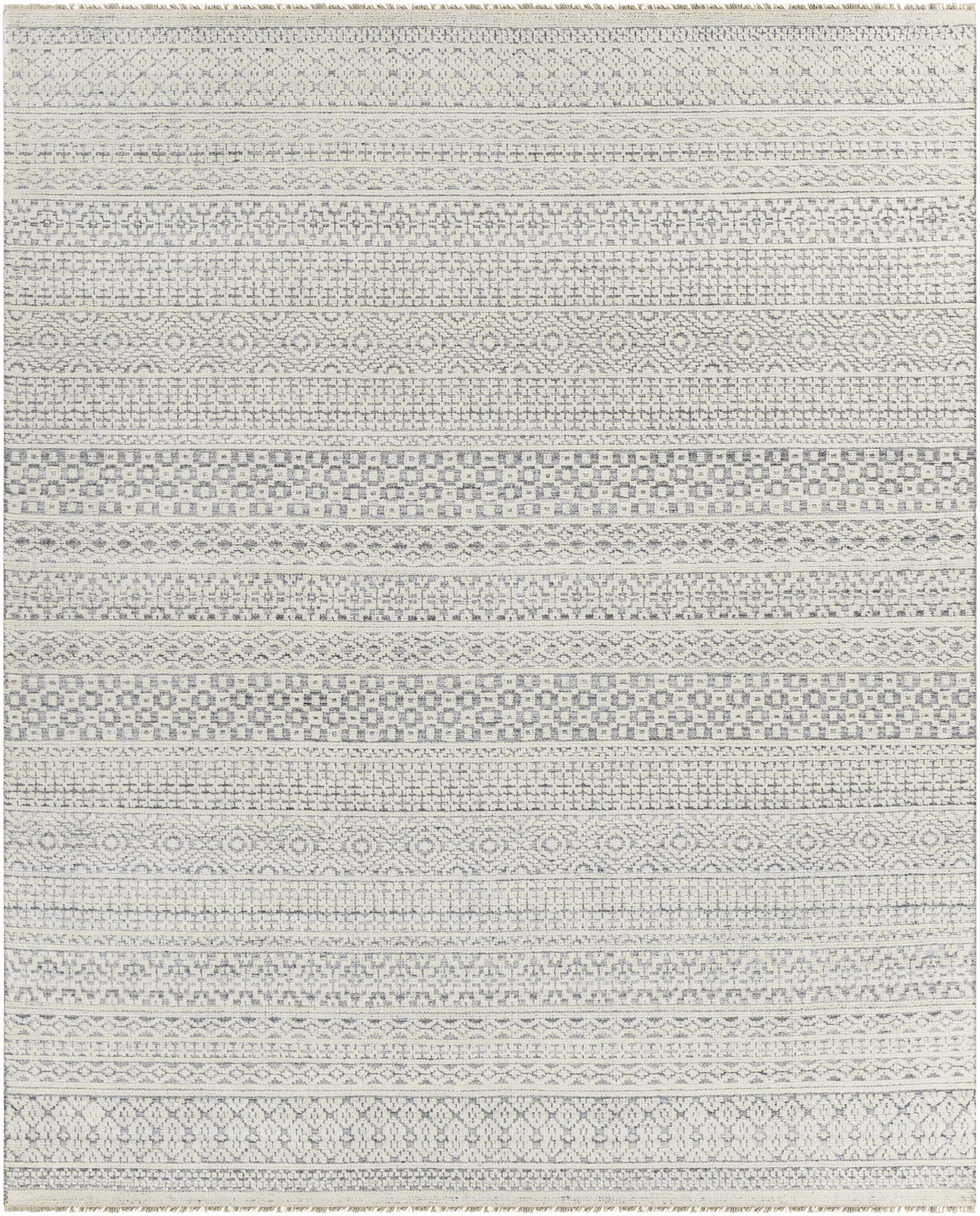 Light Gray Hand Knotted 20% Polyester, 20% Viscose, 60% Wool Global Rectangle Handmade rug, Indoor use only, has fringe, non-washable.