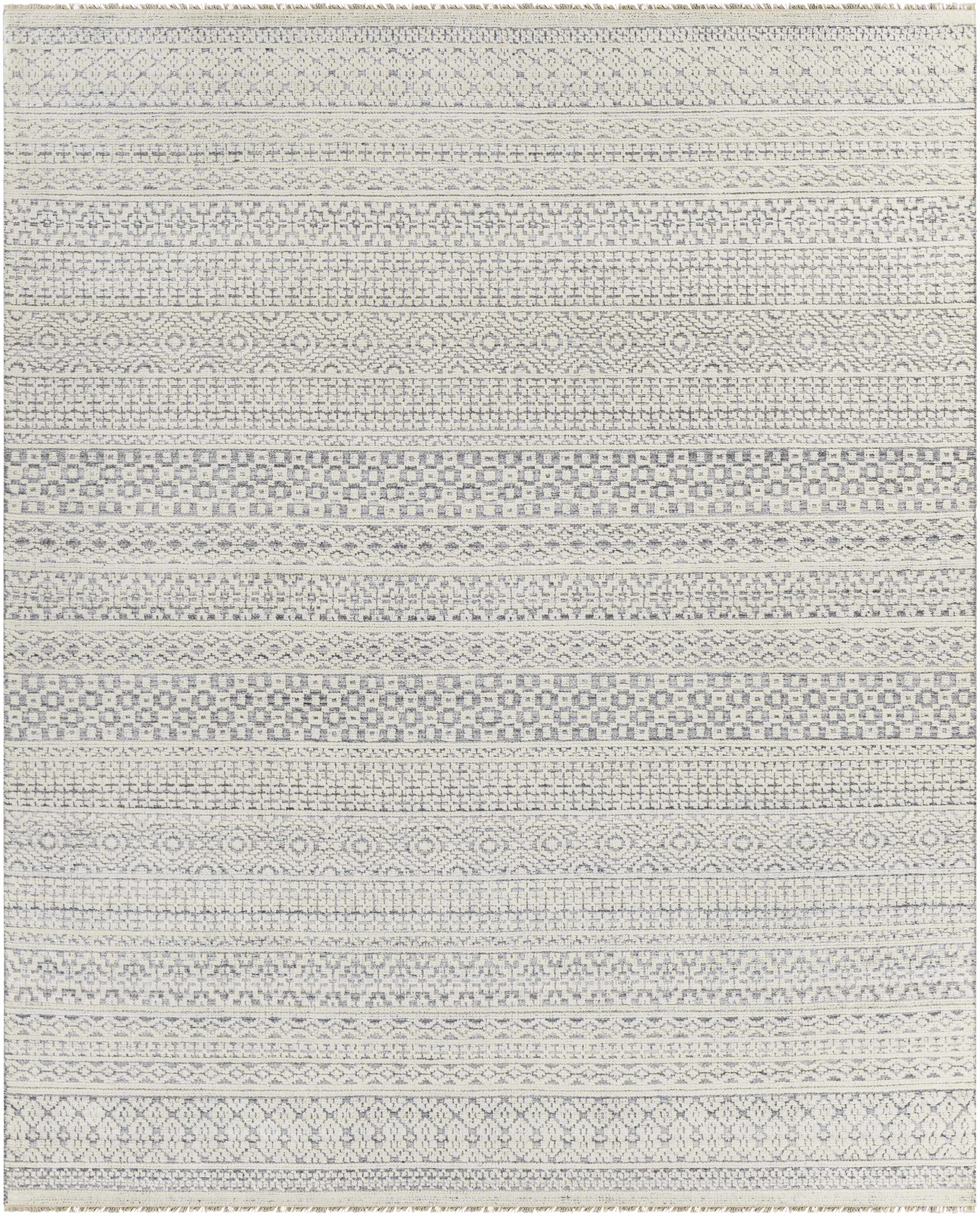 Light Gray Hand Knotted 20% Polyester, 20% Viscose, 60% Wool Global Rectangle Handmade rug, Indoor use only, has fringe, non-washable.