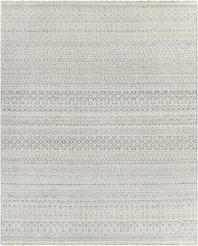Light Gray Hand Knotted 20% Polyester, 20% Viscose, 60% Wool Global Rectangle Handmade rug, Indoor use only, has fringe, non-washable.