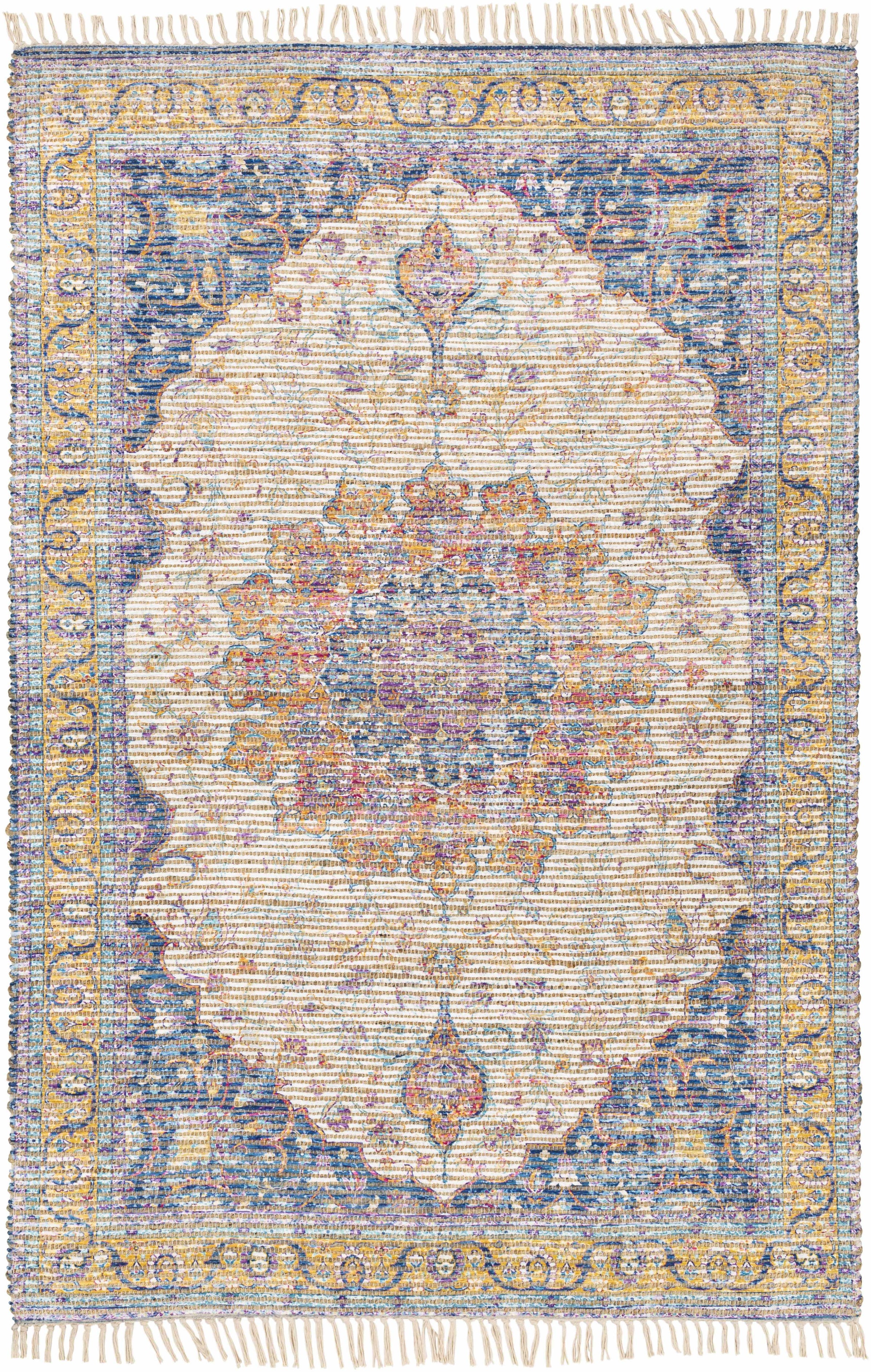 Tan Hand Woven 60% Jute, 30% Polyester, 10% Cotton Traditional Rectangle Handmade rug, Indoor use only, has fringe, non-washable.
