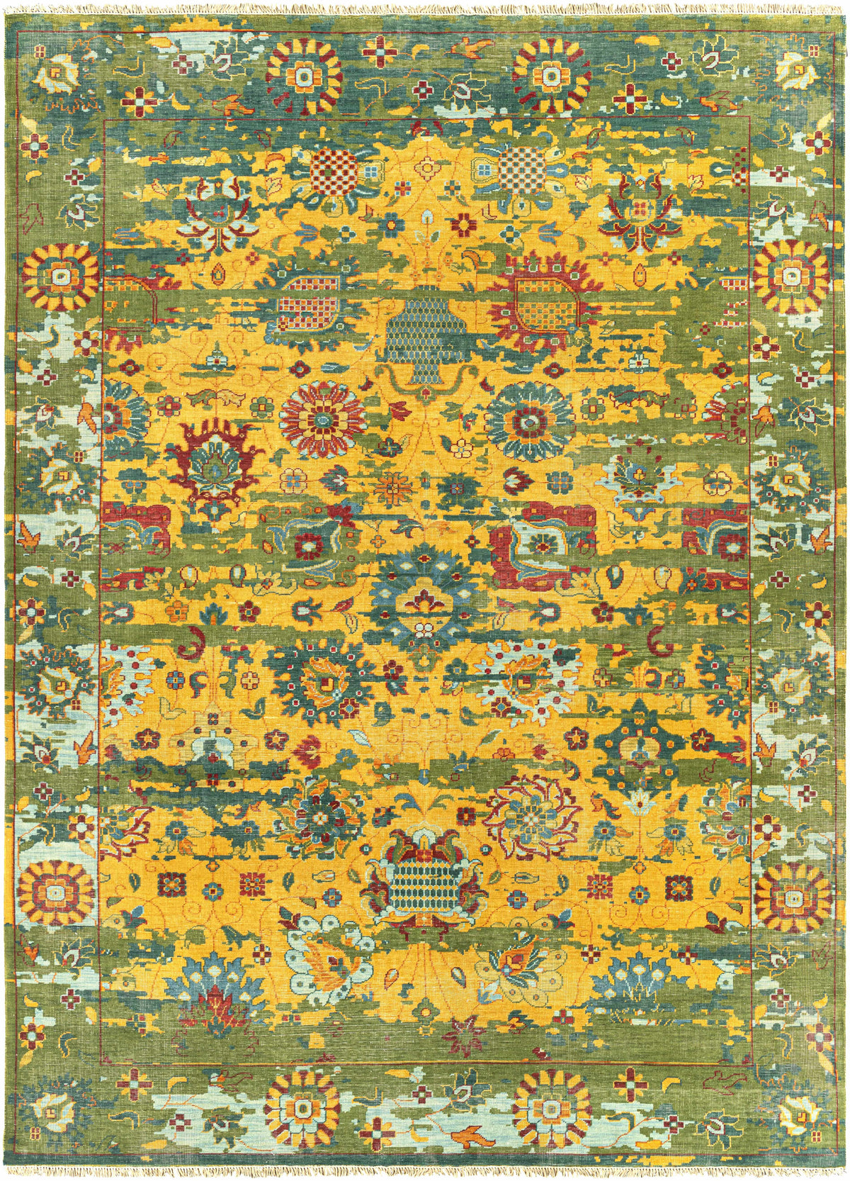 Mustard Hand Knotted 100% NZ Wool Traditional Rectangle Handmade rug, Indoor use only, has fringe, non-washable.