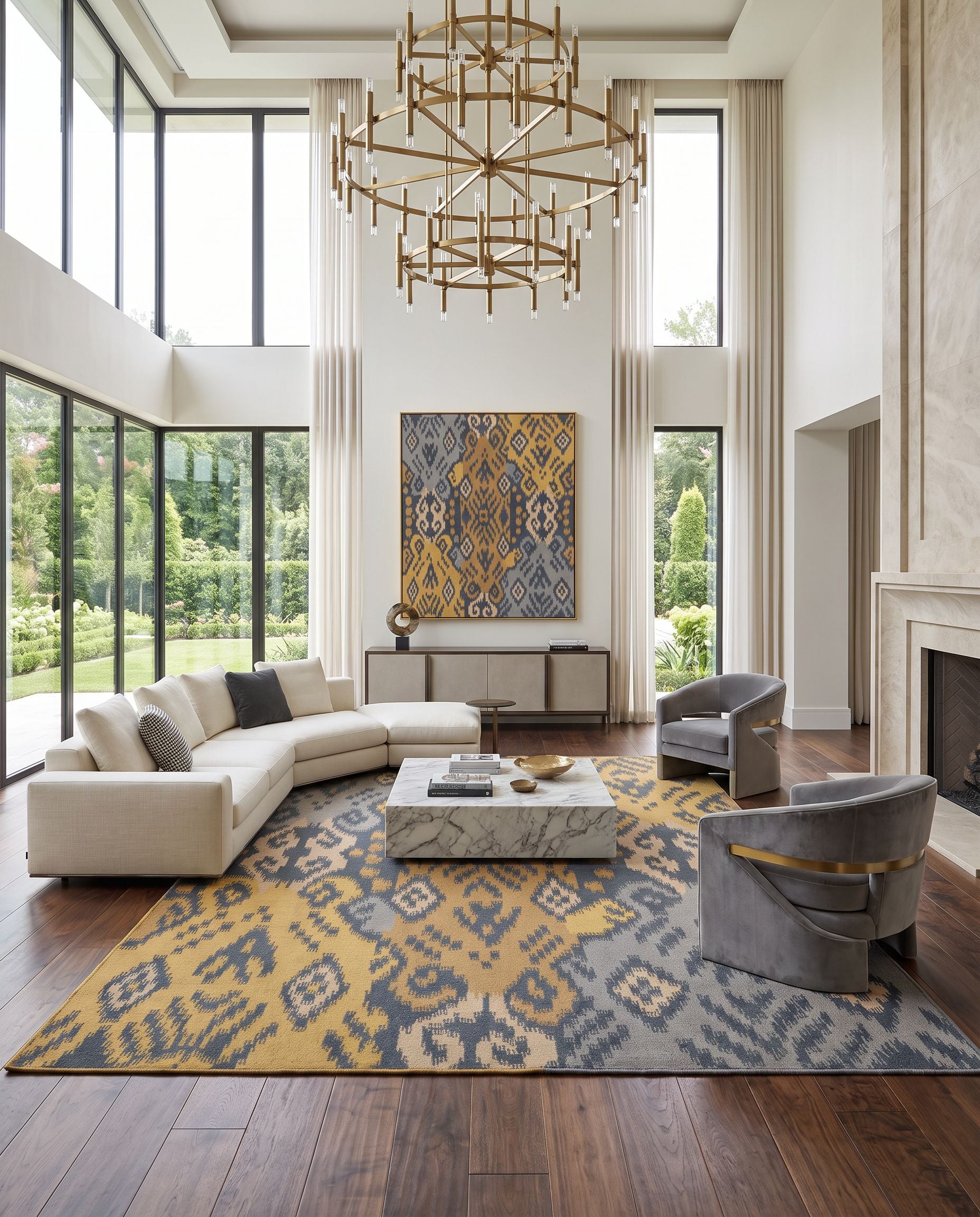 Wanderer WRR-2004 Hand Woven Rug as the centerpiece of a bright luxury living room — a hand woven modern area rug in deep teal, brown, mustard and gray tones