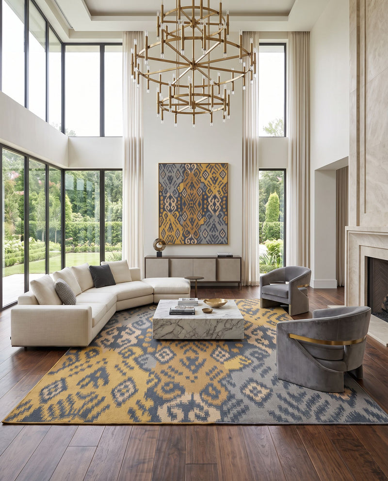 Wanderer WRR-2004 Hand Woven Rug as the centerpiece of a bright luxury living room — a hand woven modern area rug in deep teal, brown, mustard and gray tones