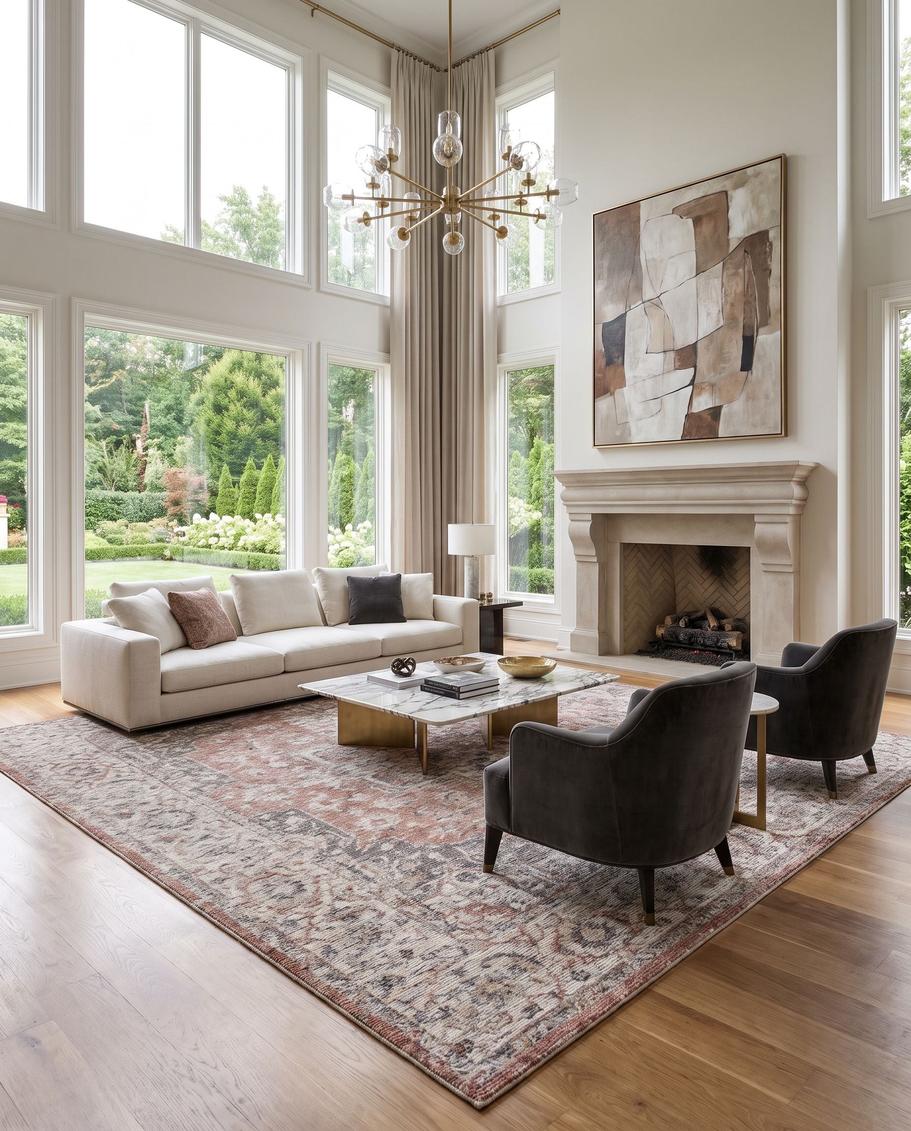 Wilson WSN-2304 Hand Loomed Rug as the centerpiece of a bright luxury living room — a hand loomed traditional area rug in rust, plum, cream and light beige tones