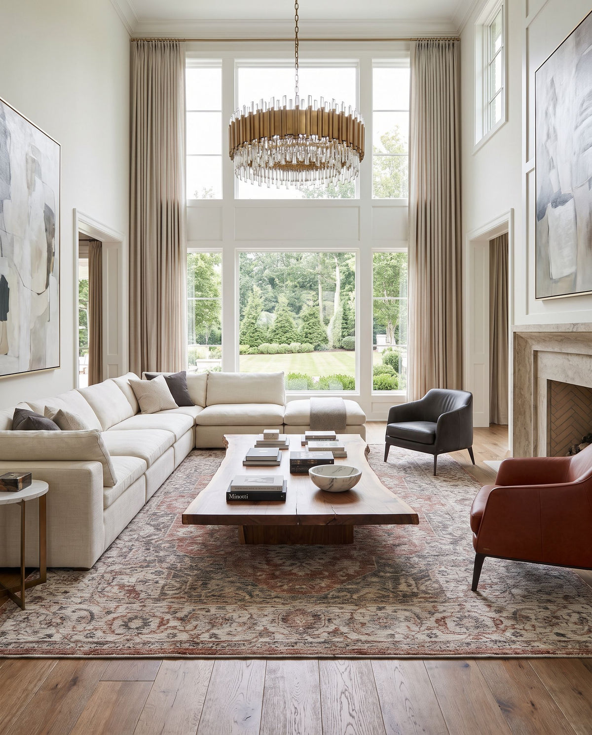 Wilson WSN-2304 Hand Loomed Rug styled in an elegant designer living room — hand loomed traditional area rug in rust, plum, cream and light beige tones