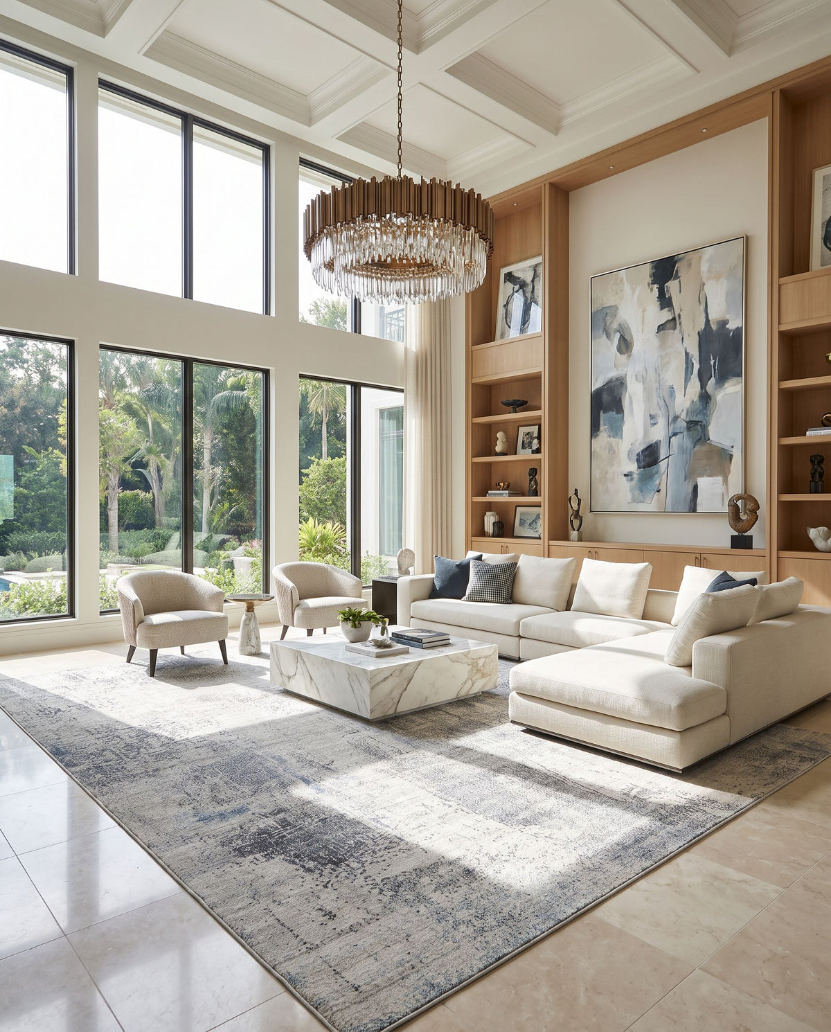 Wilson WSN-2313 Hand Loomed Rug as the centerpiece of a bright luxury living room — a hand loomed modern area rug in gray, ivory, black and blue tones