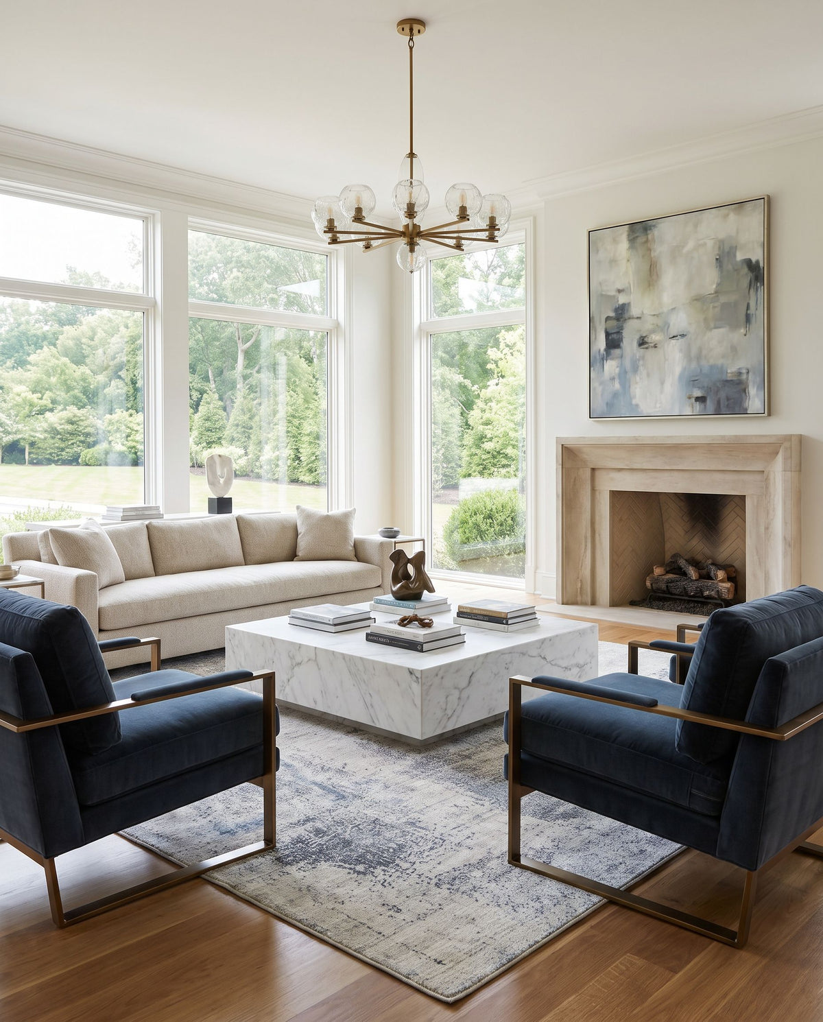 Wilson WSN-2313 Hand Loomed Rug styled in an elegant designer living room — hand loomed modern area rug in gray, ivory, black and blue tones