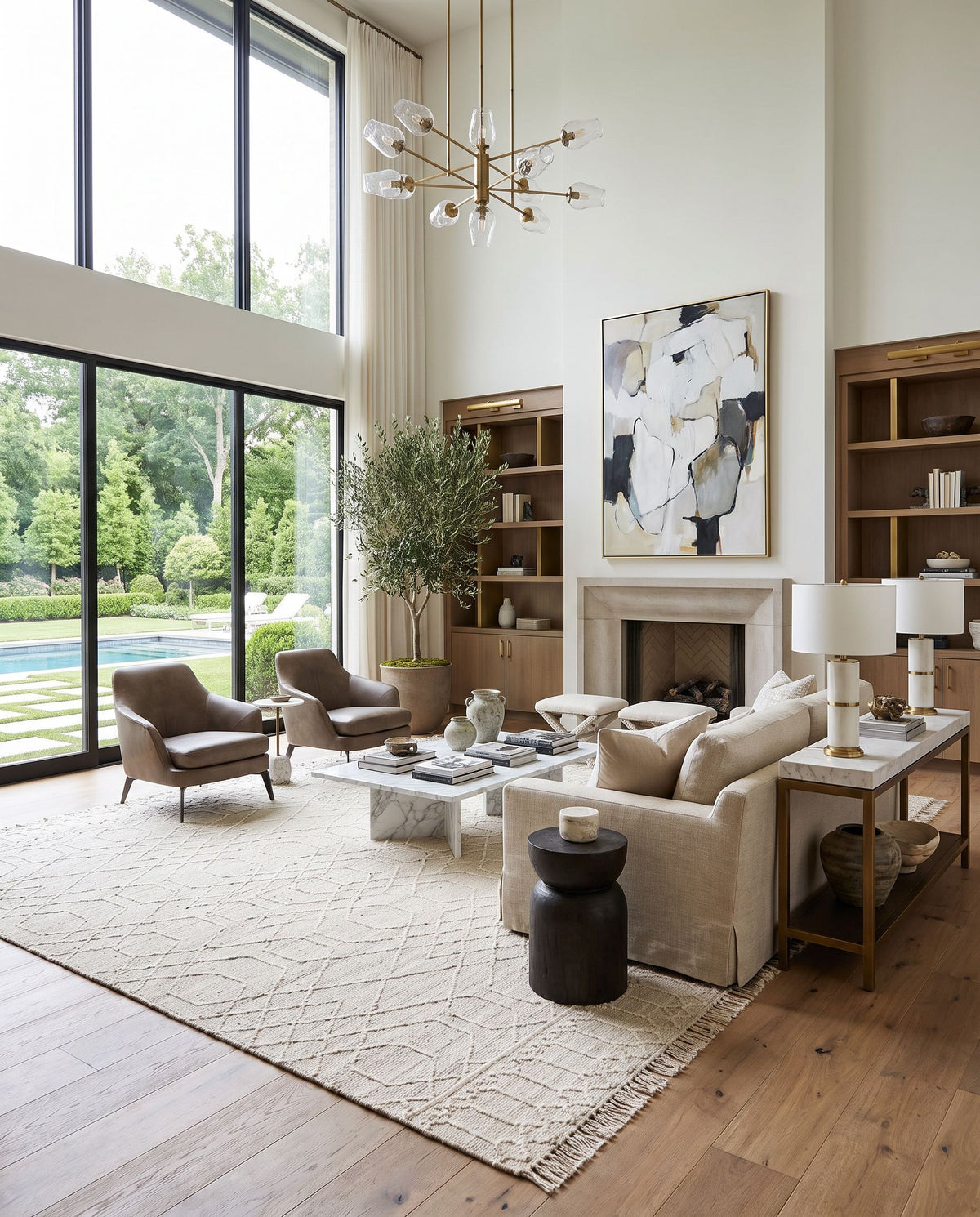 Watford WTF-2303 Hand Woven Rug as the centerpiece of a bright luxury living room — a hand woven global area rug in light beige and light gray tones