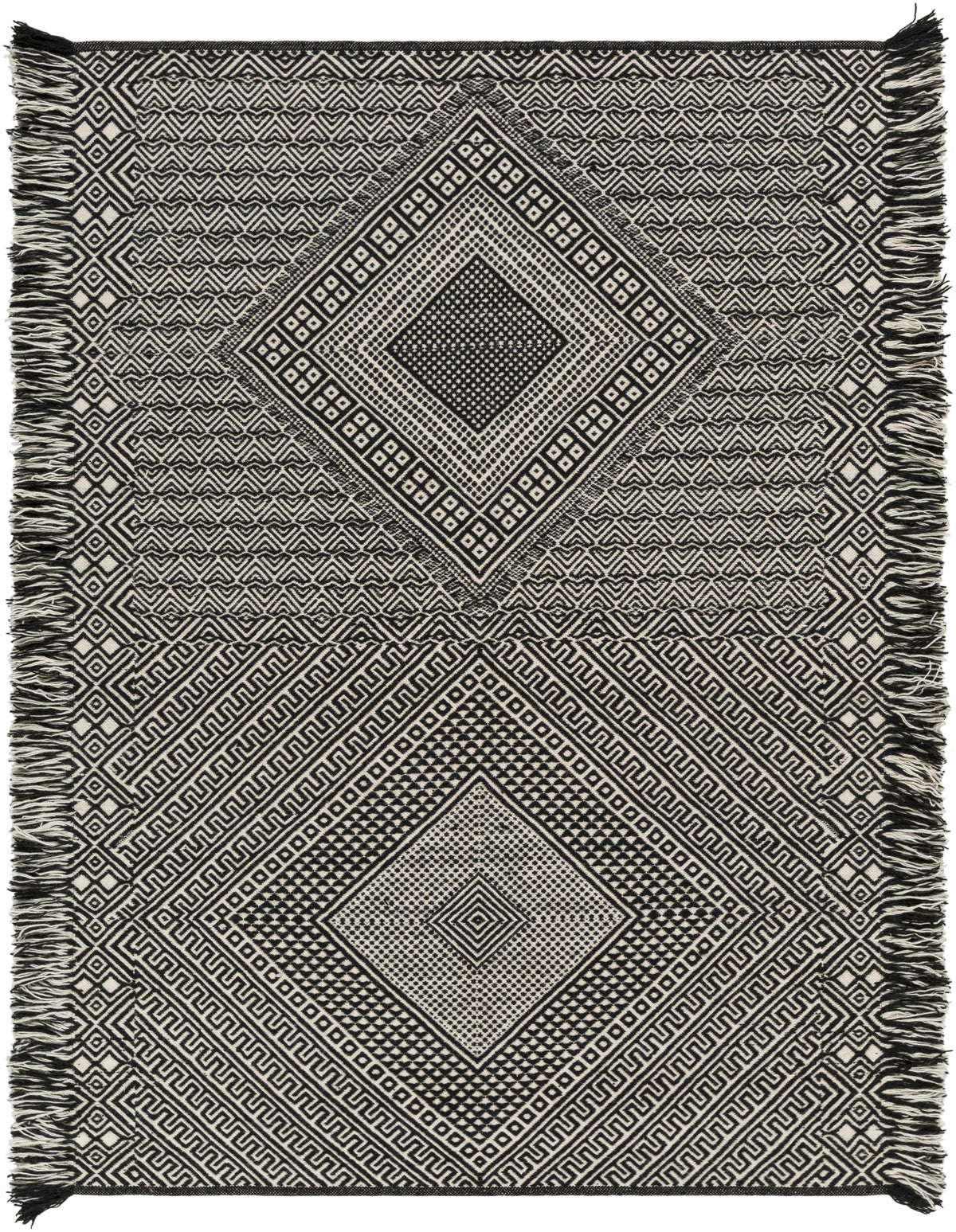 Black Hand Woven 100% Wool Cottage Rectangle Handmade rug, Indoor use only, has fringe, non-washable. runner also available