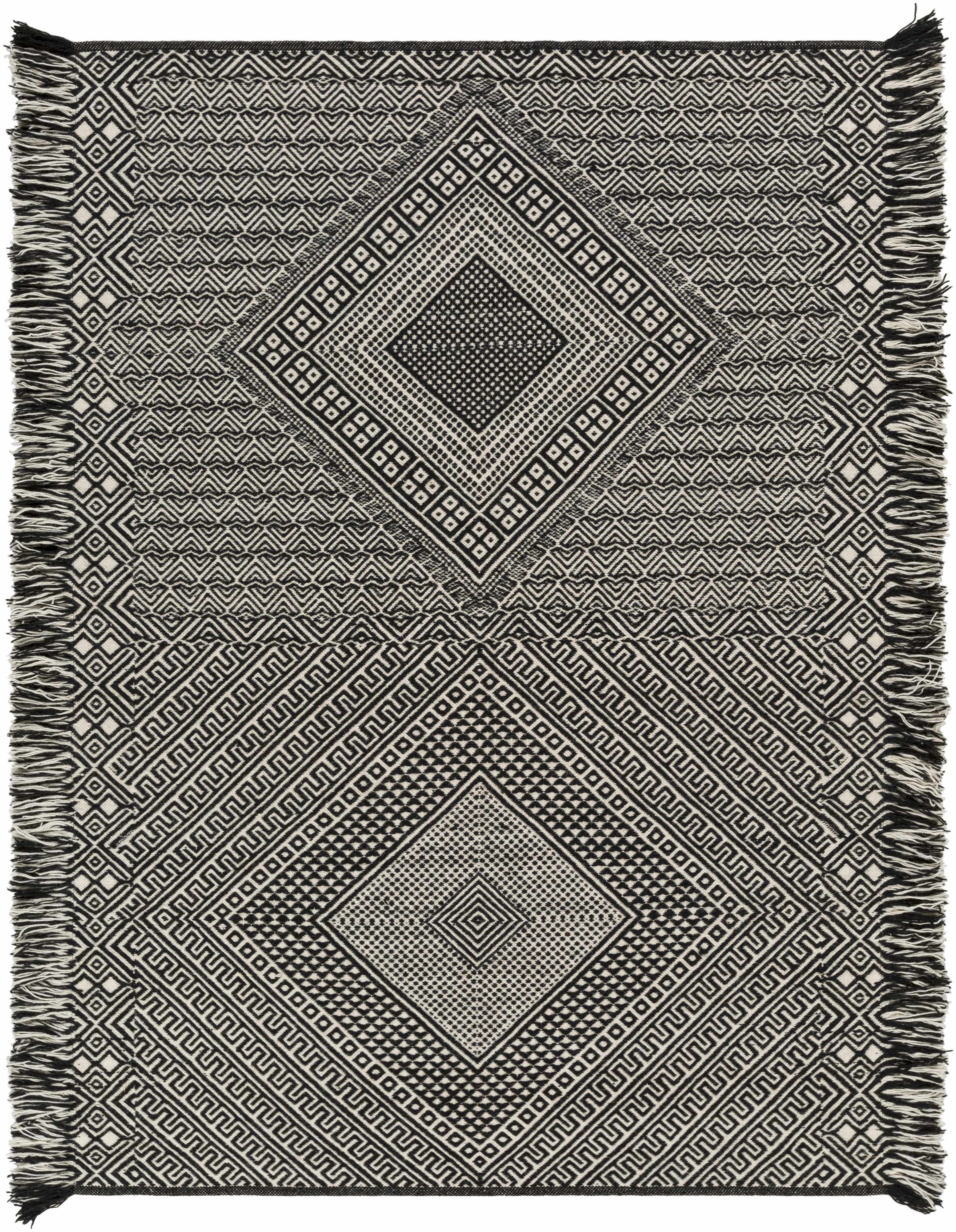 Black Hand Woven 100% Wool Cottage Rectangle Handmade rug, Indoor use only, has fringe, non-washable. runner also available