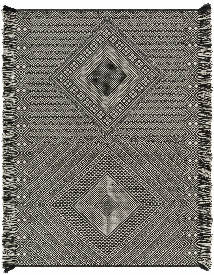 Black Hand Woven 100% Wool Cottage Rectangle Handmade rug, Indoor use only, has fringe, non-washable. runner also available