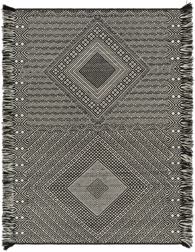 Black Hand Woven 100% Wool Cottage Rectangle Handmade rug, Indoor use only, has fringe, non-washable. runner also available
