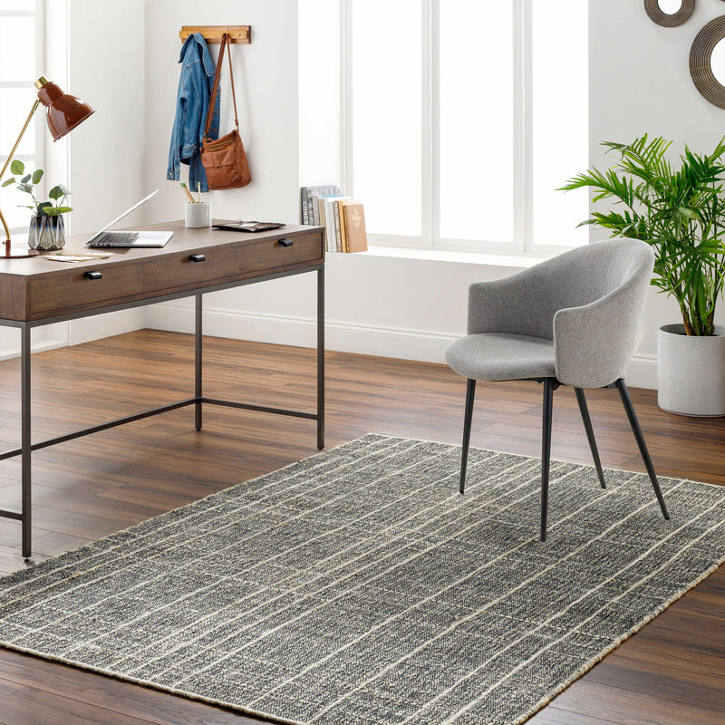 Black Hand Woven 50% Jute, 20% Wool, 15% Cotton, 15% Viscose Modern Rectangle Handmade rug, Indoor use only, no fringe, non-washable.