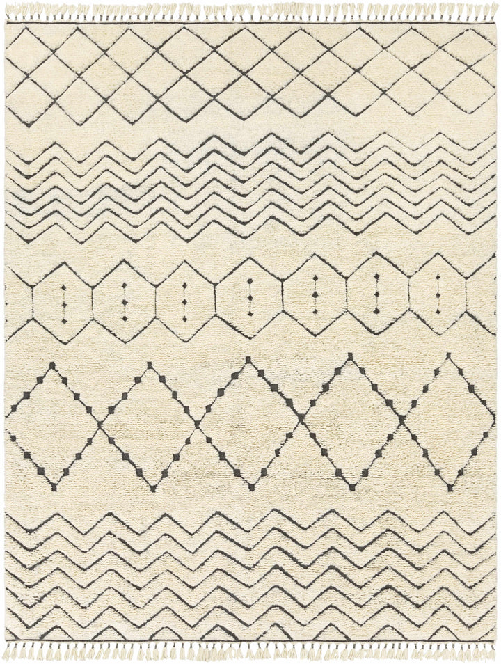 Cream Hand Knotted 100% NZ Wool Global Rectangle Handmade rug, Indoor use only, has fringe, non-washable.