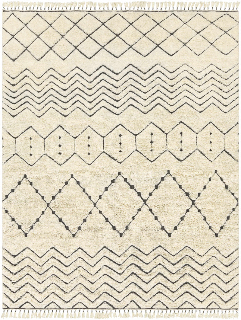 Cream Hand Knotted 100% NZ Wool Global Rectangle Handmade rug, Indoor use only, has fringe, non-washable.