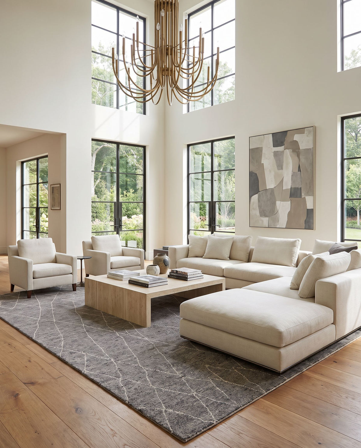 Zara ZAR-2300 Hand Knotted Rug as the centerpiece of a bright luxury living room — a hand knotted global area rug in charcoal, black, brown and cream tones