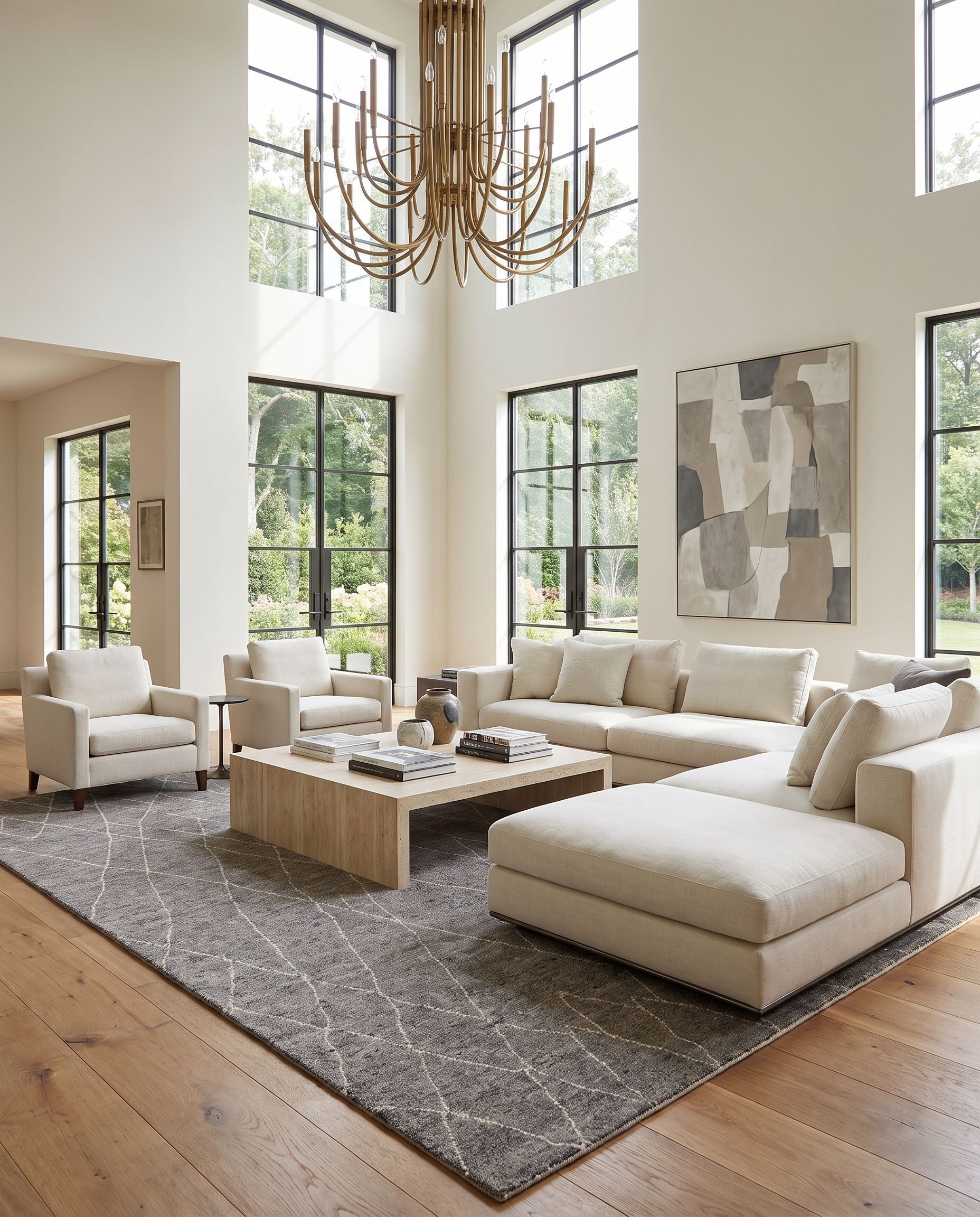 Zara ZAR-2300 Hand Knotted Rug as the centerpiece of a bright luxury living room — a hand knotted global area rug in charcoal, black, brown and cream tones