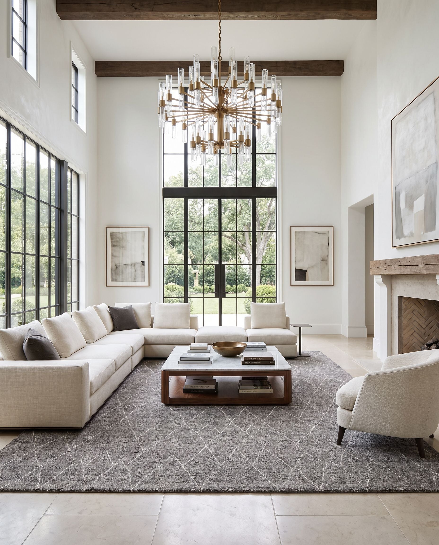 Zara ZAR-2300 Hand Knotted Rug styled in an elegant designer living room — hand knotted global area rug in charcoal, black, brown and cream tones