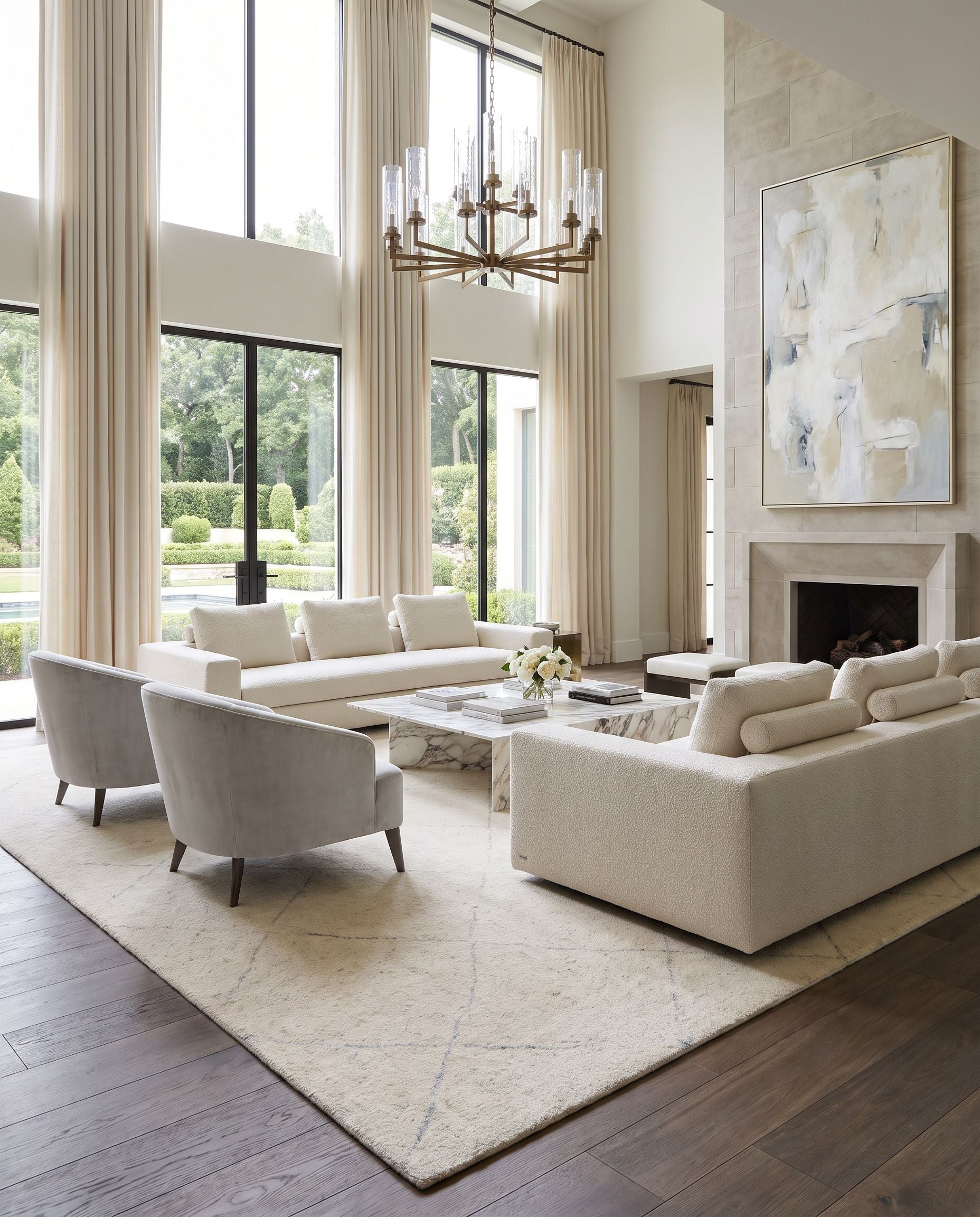 Zara ZAR-2301 Hand Knotted Rug as the centerpiece of a bright luxury living room — a hand knotted global area rug in cream, beige, gray and tan tones