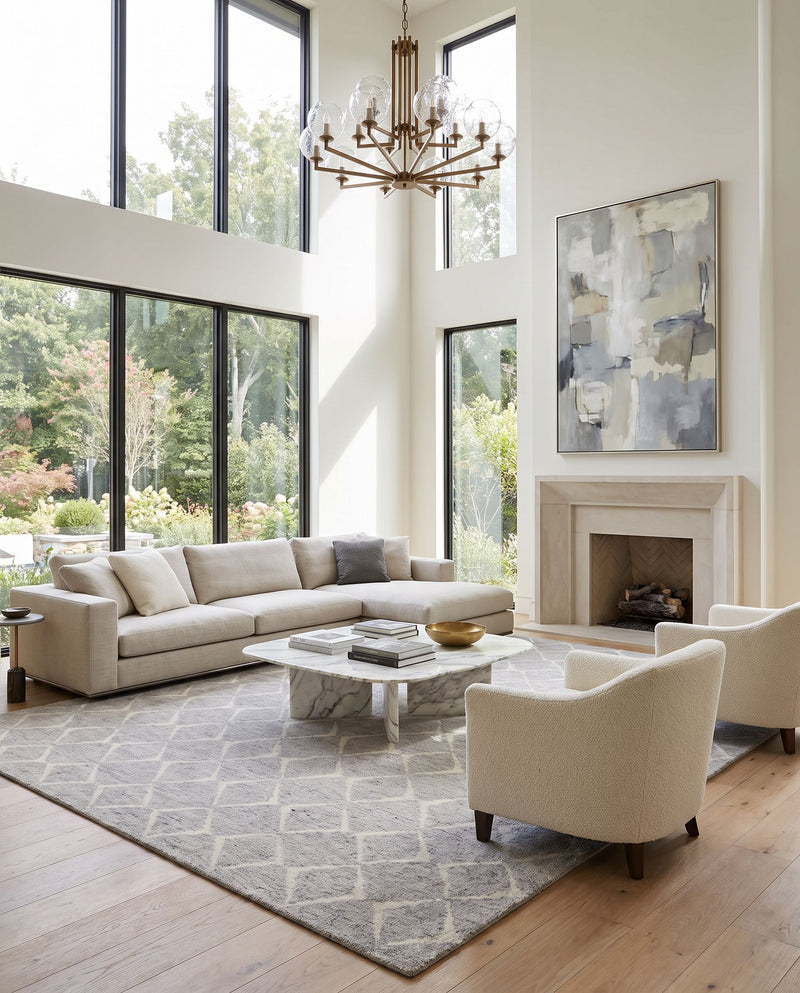 Zara ZAR-2304 Hand Knotted Rug as the centerpiece of a bright luxury living room — a hand knotted global area rug in gray, light gray and charcoal tones