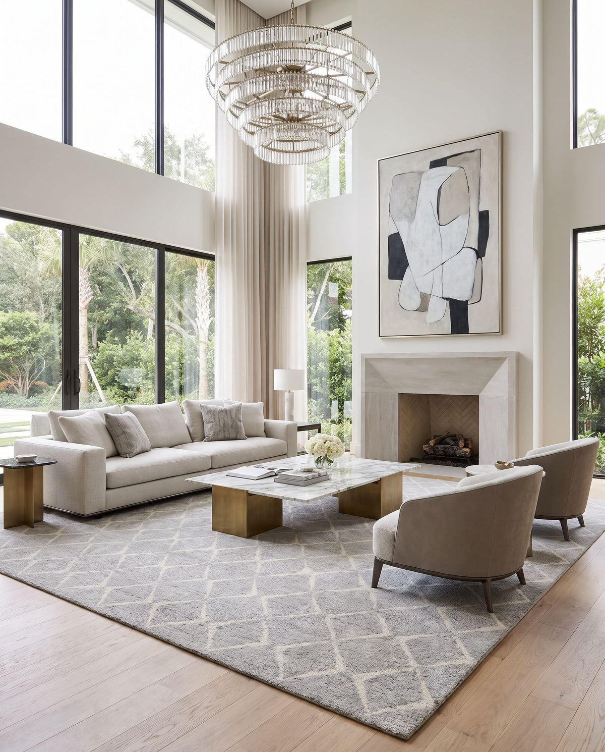 Zara ZAR-2304 Hand Knotted Rug styled in an elegant designer living room — hand knotted global area rug in gray, light gray and charcoal tones