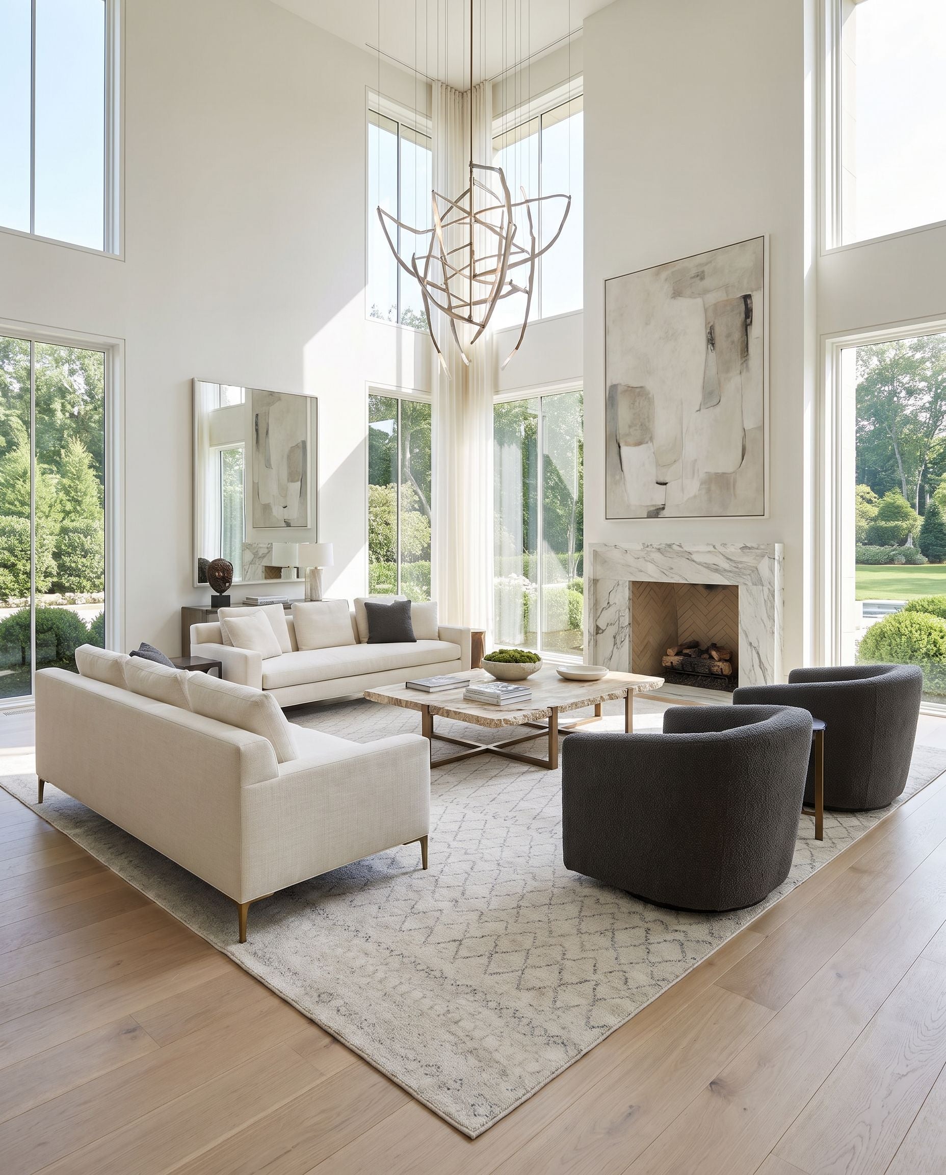 Zara ZAR-2306 Hand Knotted Rug as the centerpiece of a bright luxury living room — a hand knotted global area rug in light gray, gray and medium gray tones