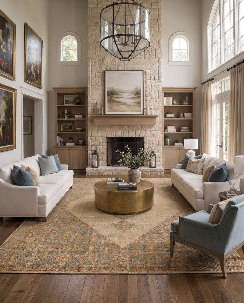 Zahra ZHA-2300 Hand Knotted Rug as the centerpiece of a bright luxury living room — a hand knotted traditional area rug in dusty sage, olive, rust and burnt orange tones