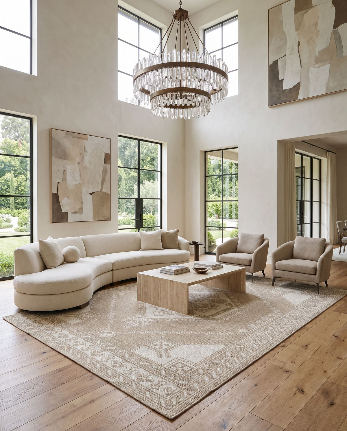 Zahra ZHA-2305 Hand Knotted Rug styled in an elegant designer living room — hand knotted traditional area rug in cream and light brown tones