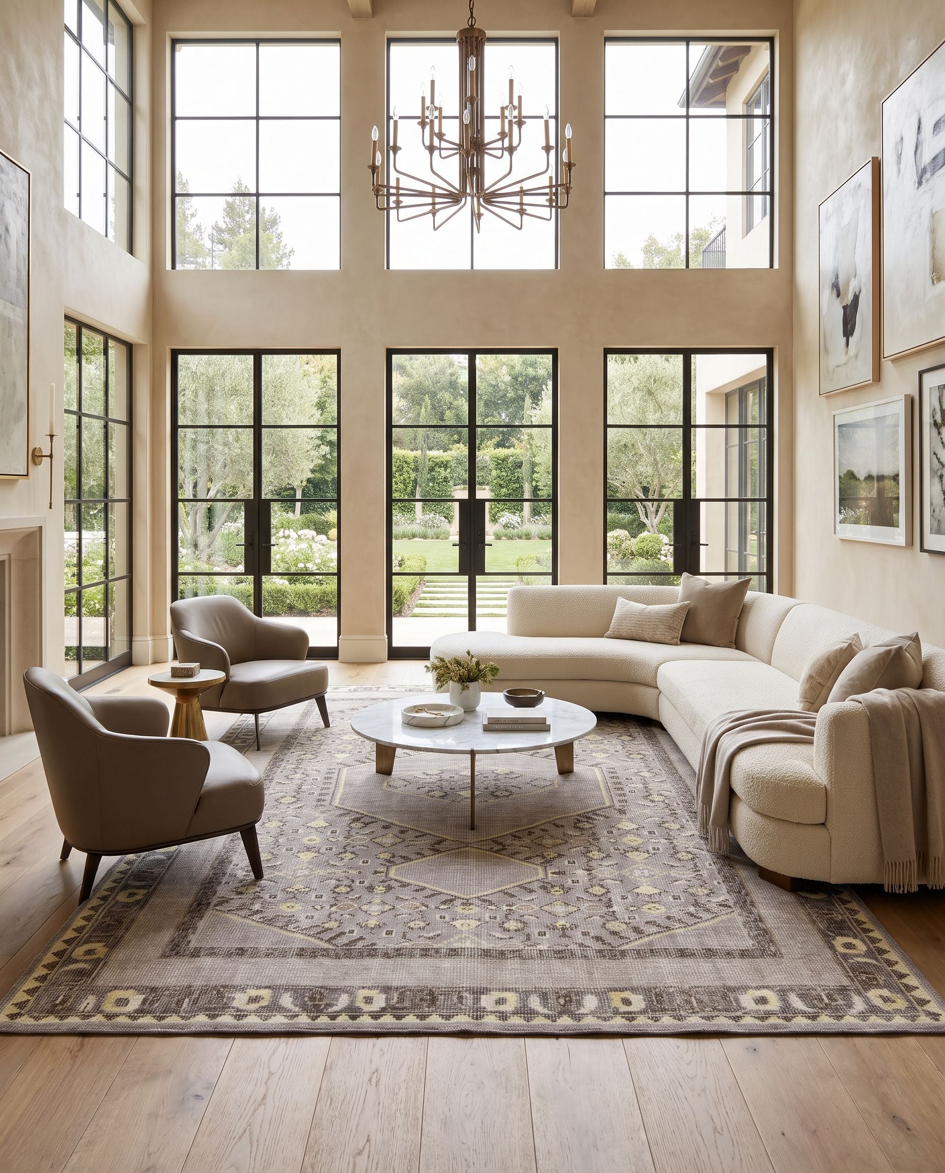 Zahra ZHA-4009 Hand Knotted Rug as the centerpiece of a bright luxury living room — a hand knotted global area rug in charcoal, beige, light green and brown tones