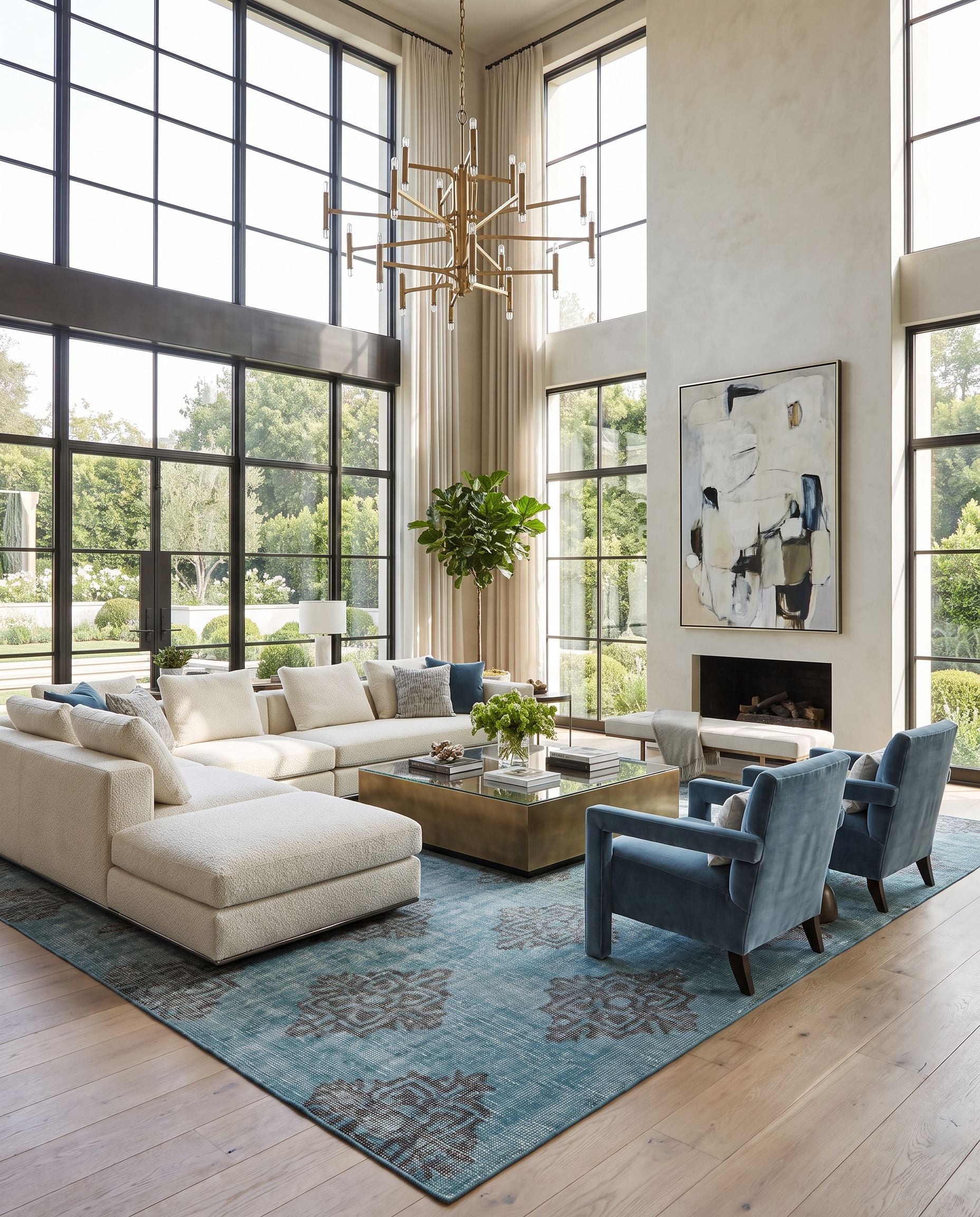 Zahra ZHA-4026 Hand Knotted Rug as the centerpiece of a bright luxury living room — a hand knotted modern area rug in emerald and black tones