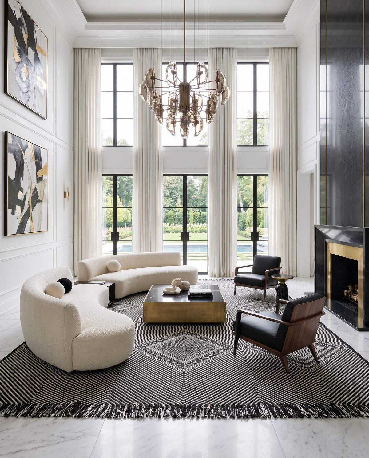 Zanafi ZNF-2302 Hand Woven Rug as the centerpiece of a bright luxury living room — a hand woven global area rug in black and white tones