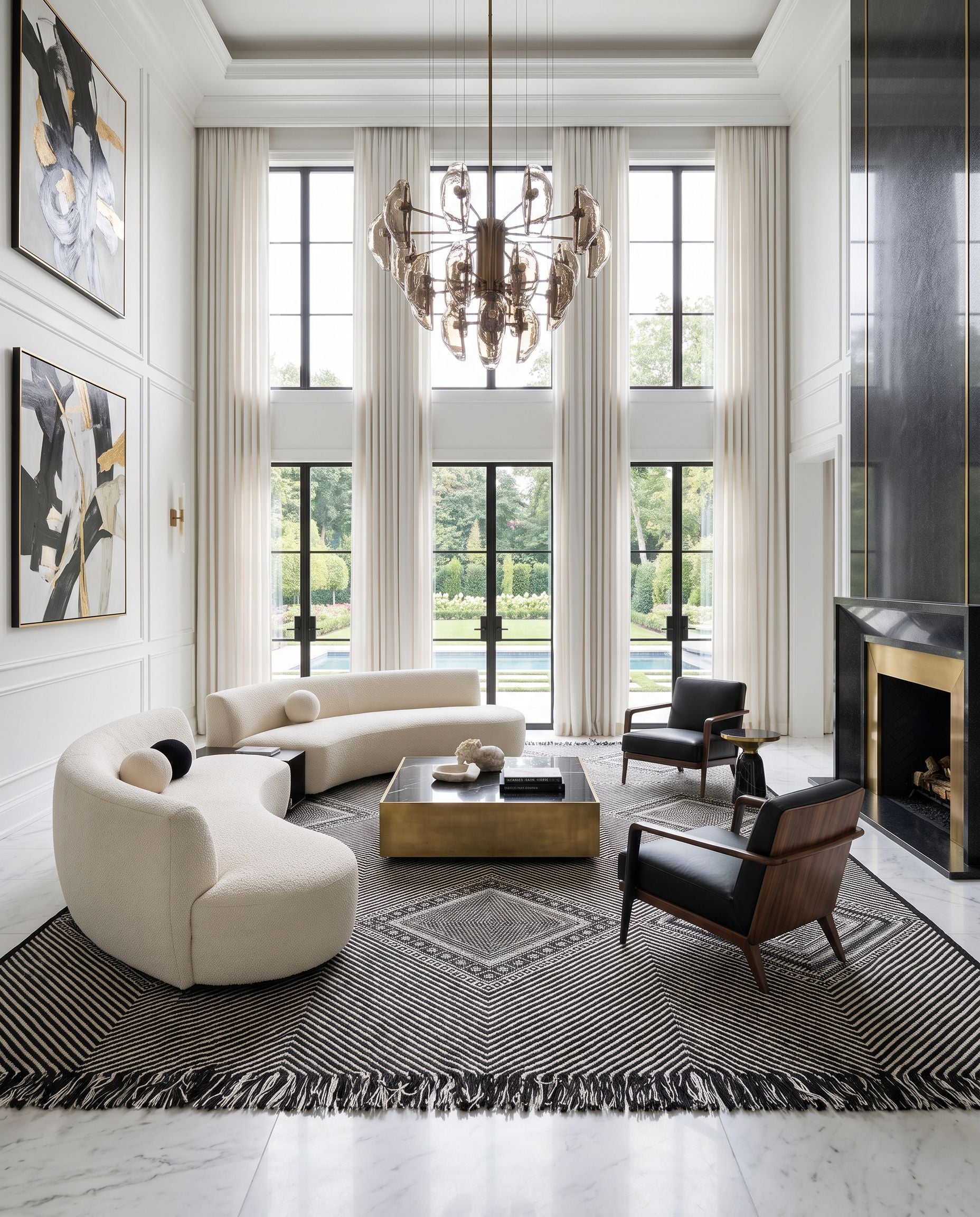 Zanafi ZNF-2302 Hand Woven Rug as the centerpiece of a bright luxury living room — a hand woven global area rug in black and white tones