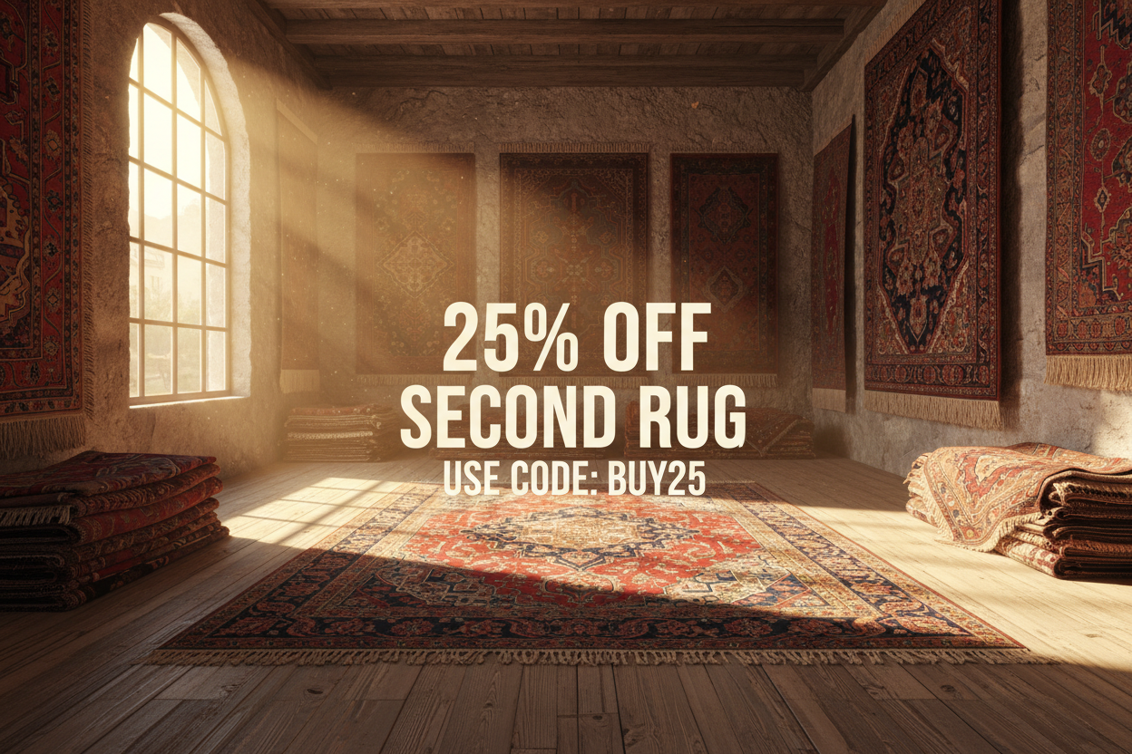 A wide photographic banner.The scene is a sunlit, rustic rug shop from a wide-angle perspective,with sunlight streaming through a large window on the left,illuminating dust motes and antique rugs hanging on stone walls and stacked on the floor.Large,white,3-dimensional text sits prominently on a patterned rug in the center of the room,reading "25% OFF SECOND RUG" in two lines,with smaller text "USE CODE: BUY25" below it.The lighting is warm,dramatic,casting long shadows.High resolution, cinematic quality