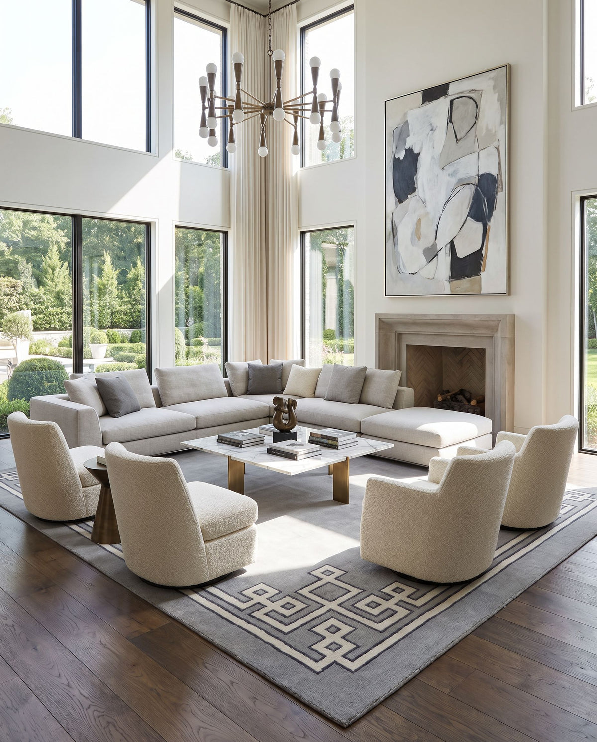 Alameda AMD-1019 Hand Woven Rug styled in an elegant designer living room — hand woven modern area rug in gray, light gray and ink blue tones