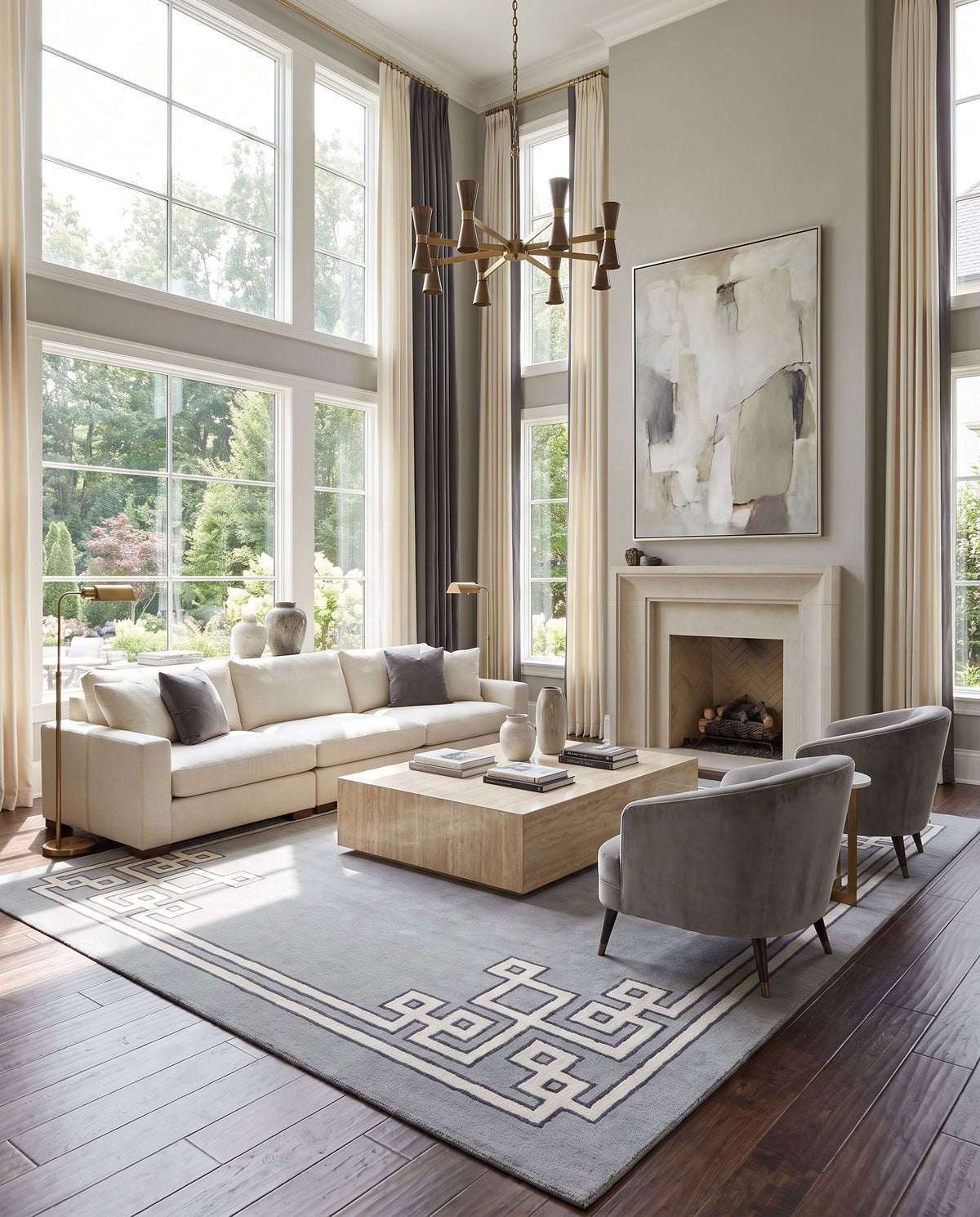 Alameda AMD-1019 Hand Woven Rug styled in an elegant designer living room — hand woven modern area rug in gray, light gray and ink blue tones
