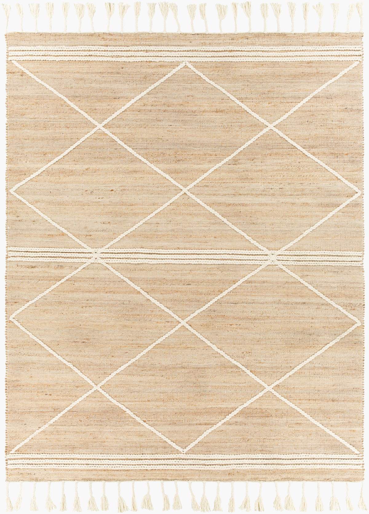 Tan Hand Woven 60% Jute, 40% Wool Global Rectangle Handmade rug, Indoor use only, has fringe, non-washable. runner also available
