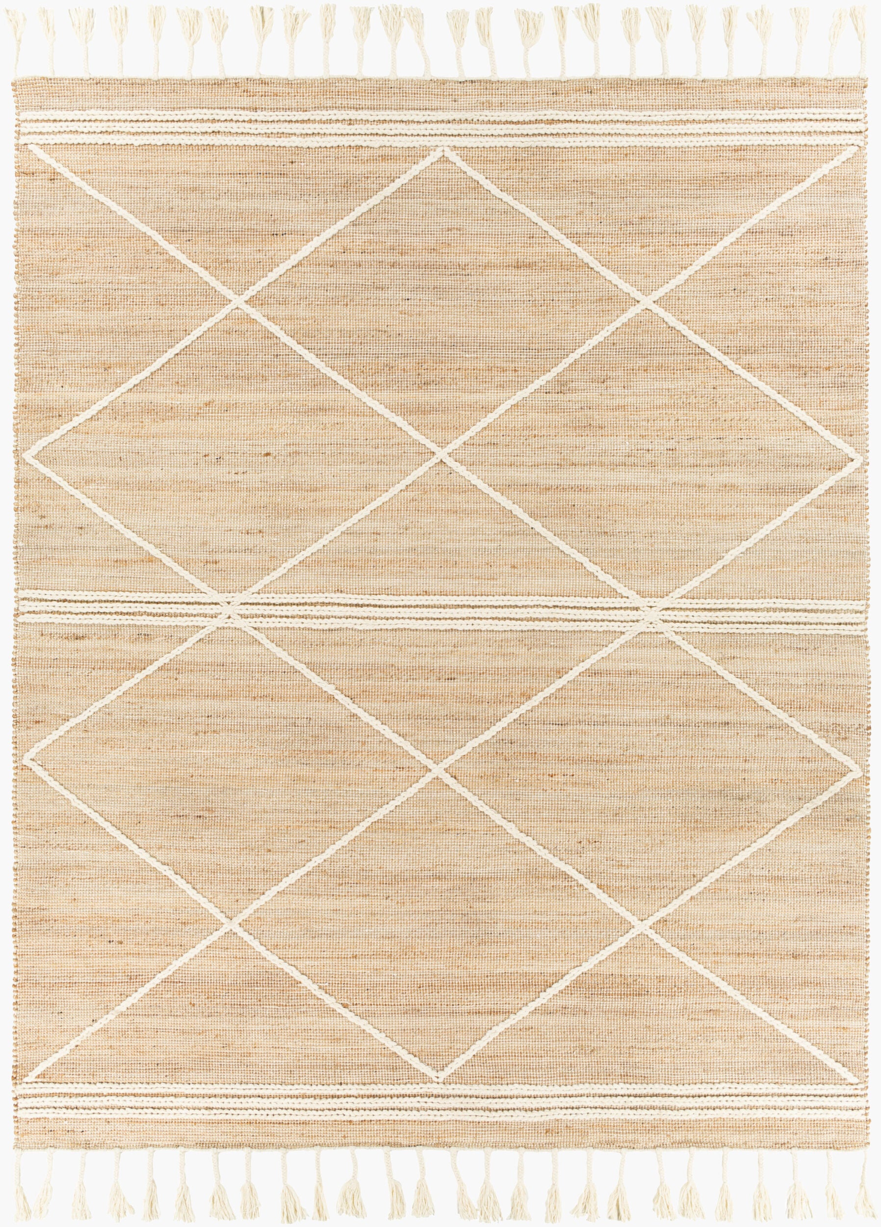 Tan Hand Woven 60% Jute, 40% Wool Global Rectangle Handmade rug, Indoor use only, has fringe, non-washable. runner also available