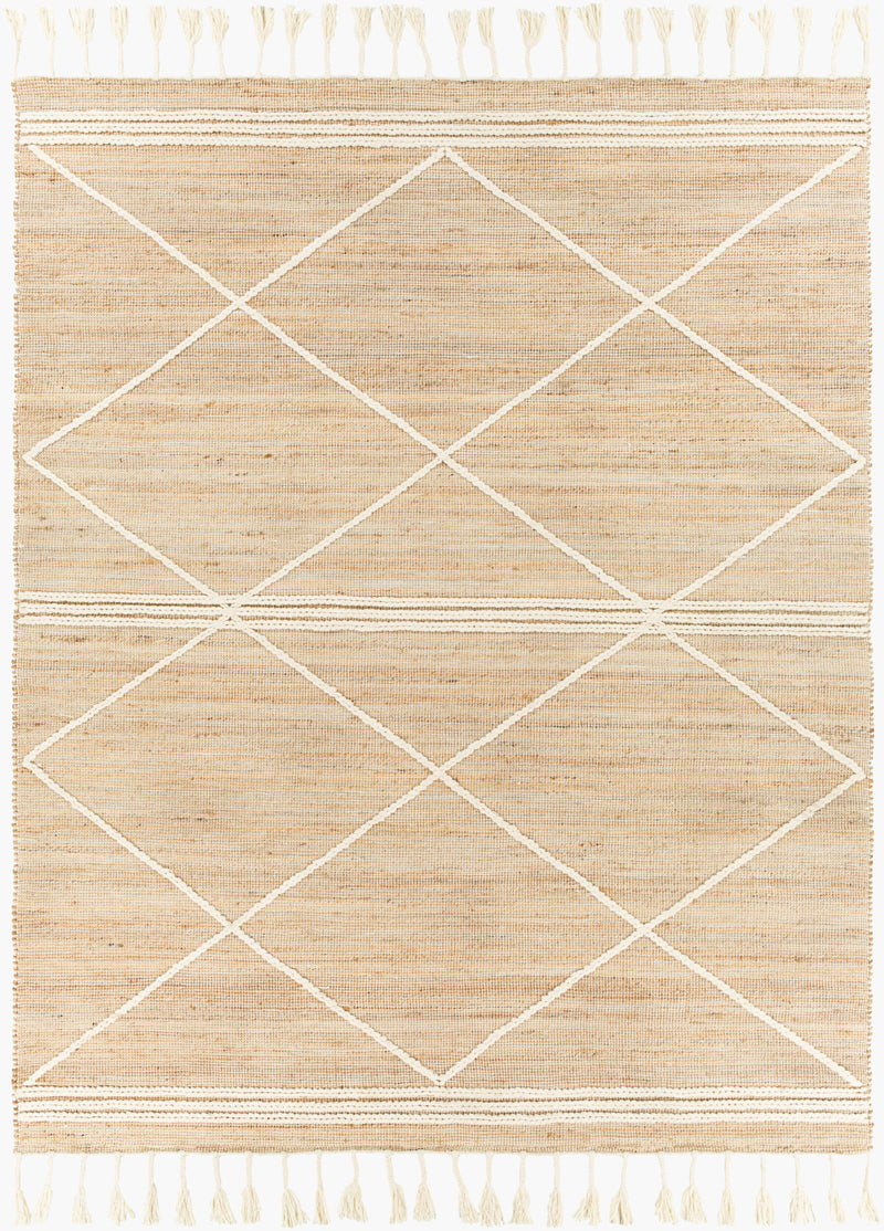 Tan Hand Woven 60% Jute, 40% Wool Global Rectangle Handmade rug, Indoor use only, has fringe, non-washable. runner also available
